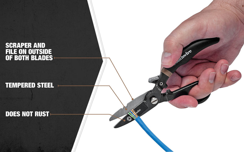  [AUSTRALIA] - Southwire - ESP-1 Tools & Equipment ESP1 Electrician Scissors DataComm Snips, Durable Serrated Blade, Built in Notches, Precise Control, Textured Grip Handle for Added Comfort, Nickle Finished Plate