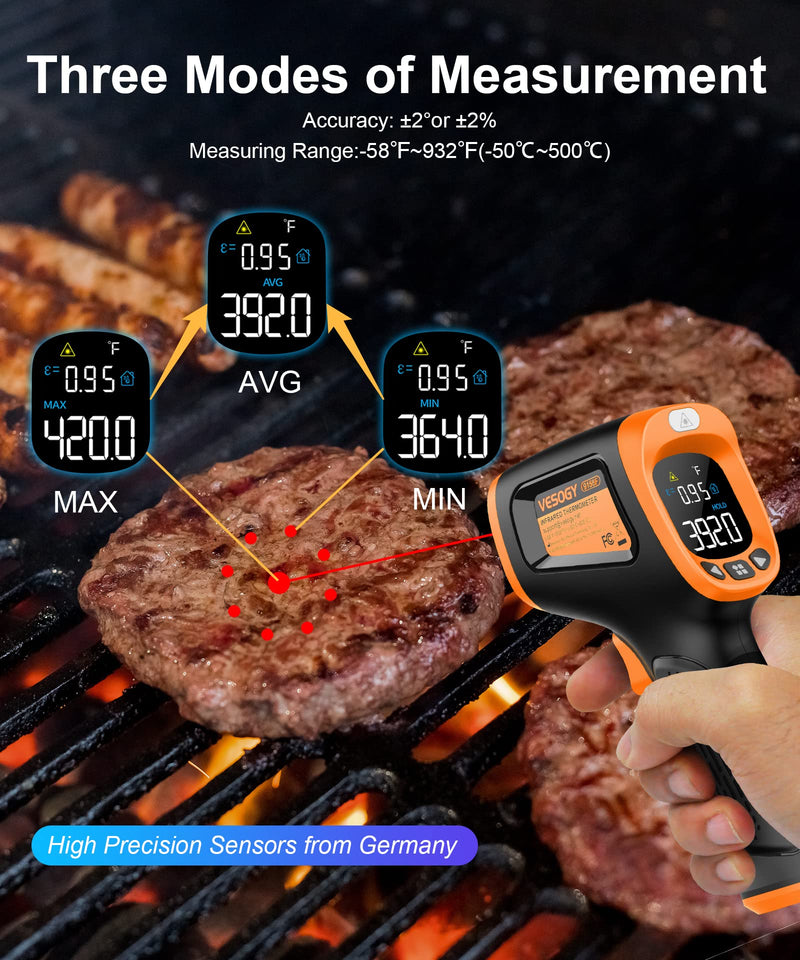  [AUSTRALIA] - Infrared Thermometer Temperature Gun -58°F ~932°F, Digital Laser Thermometer Gun for Cooking, Pizza Oven, Grill, IR Thermometer Temp Gun with Adjustable Emissivity & Max Min Avg Measure Orange