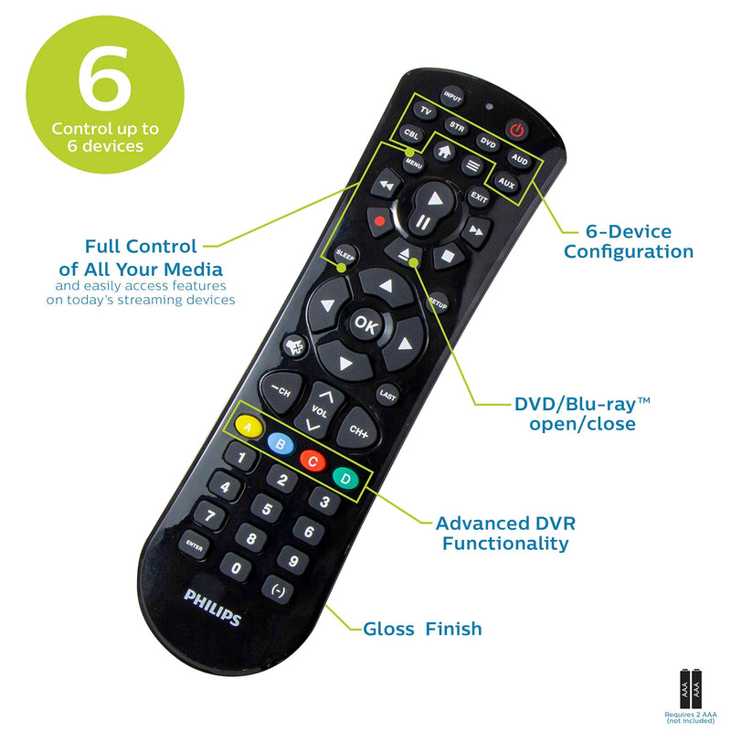  [AUSTRALIA] - Philips Universal Remote Control Replacement for Samsung, Vizio, LG, Sony, Sharp, Roku, Apple TV, RCA, Panasonic, Smart TVs, Streaming Players, Blu-ray, DVD, Simple Setup, 6 Device, Black, SRP9263C/27