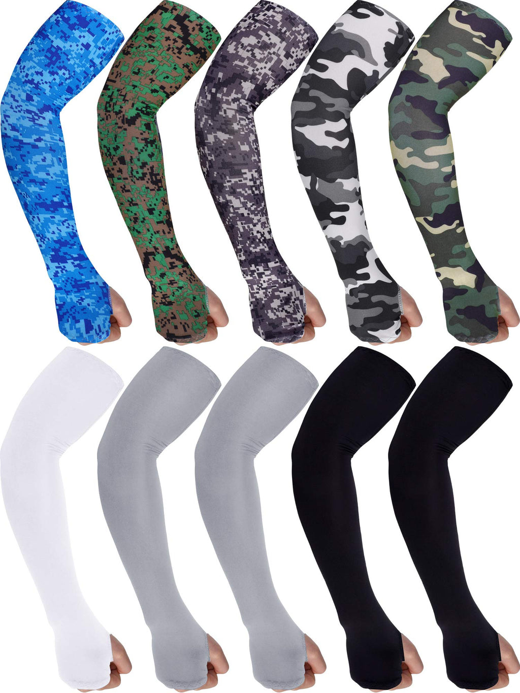  [AUSTRALIA] - 10 Pairs Men's Cooling Arm Sleeves Long Fingerless Gloves Anti Slip Sun Protection Arm Sleeves Black, Gray, White and Mixed Camo