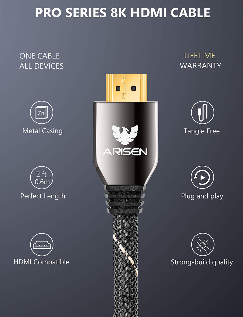 Short HDMI Cable 2.1, ARISEN Ultra High Speed 48Gbps 8K HDMI Cable Heavy Duty Braided HDMI Cord 4K@120 8K@60HZ eARC HDR10 HDCP 2.2 Compatible with RTX 3080 3090 PS5 PS4 Xbox Series X UHD TV Laptop 2ft / 0.6m - LeoForward Australia