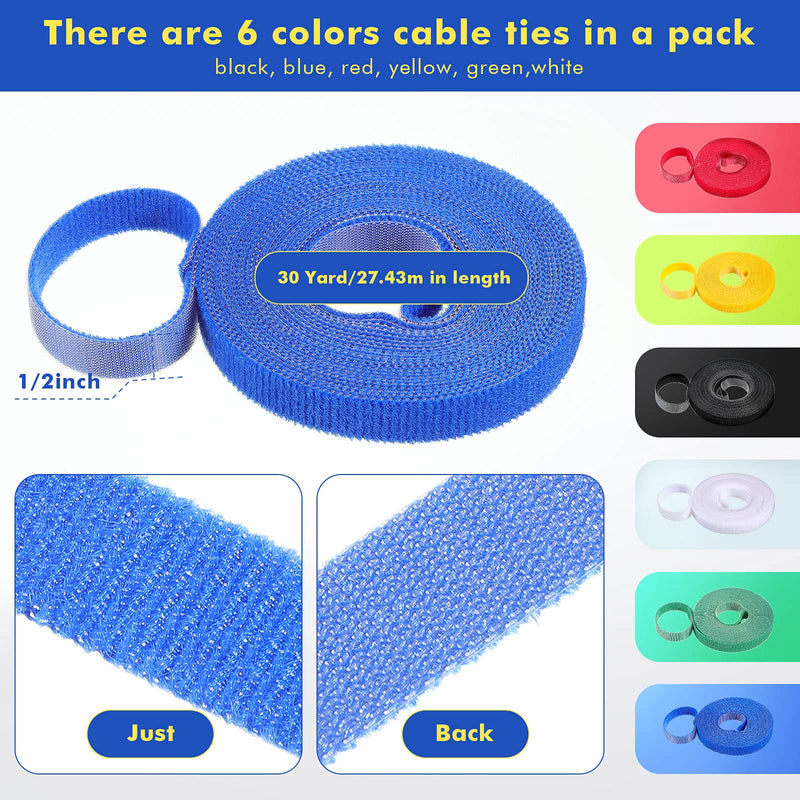  [AUSTRALIA] - Fastening Tape Cable Ties Reusable Fastening Nylon Tape Double Side Hook Roll Hook and Loop Straps Wires Cords Management Wire Organizer Straps (Rainbow Color,1/2 Inch x 30 Yard)