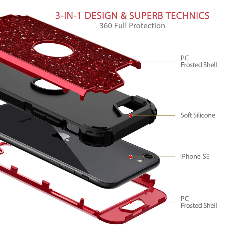 Hekodonk for iPhone SE 2020 Case, Heavy Duty Shockproof Protection Hard Plastic+Silicone Rubber Hybrid Protective Case for iPhone SE 2nd Generation (4.7-inch Display) 2020 Bling Red - LeoForward Australia