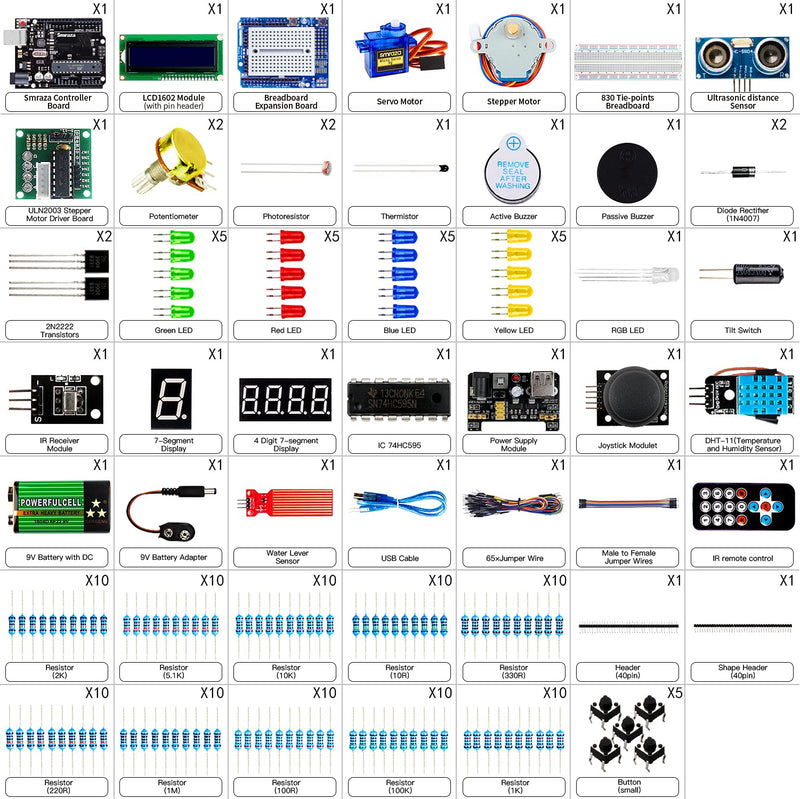 Smraza Super Starter Kit Project Kit with Breadboard, Power Supply, Jumper Wires, Resistors, LED, LCD 1602, Sensors, Detailed Tutorial for Project, Compatible with Arduino - LeoForward Australia