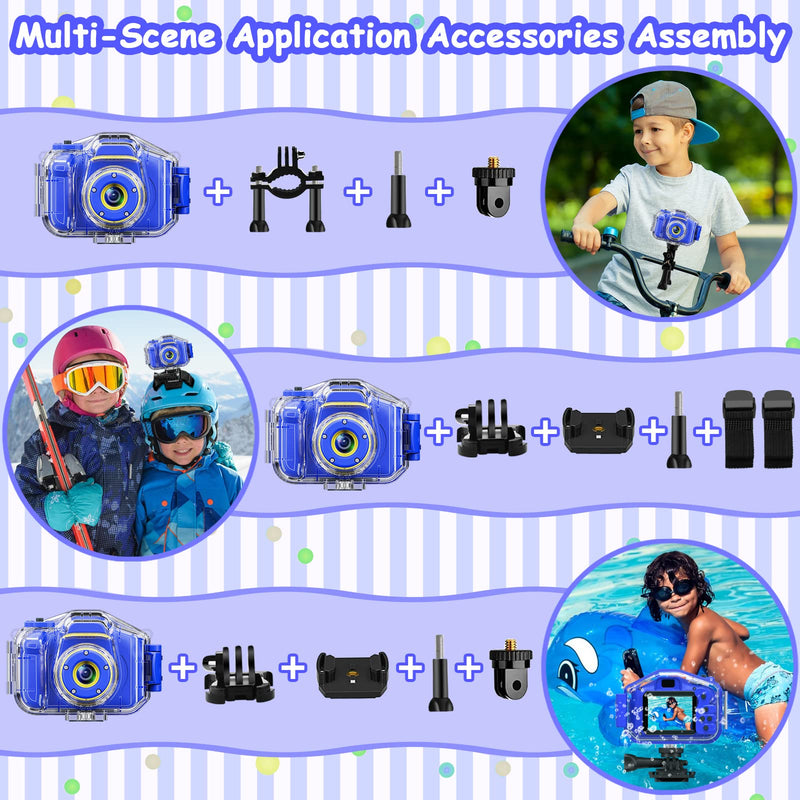  [AUSTRALIA] - DEKER Kids Waterproof Camera for 3-12 Year Old Boys Christmas Birthday Gifts Toys Children Mini Underwater Digital Action Camcorder, 2 Inch IPS Screen with 32GB Card (Dark Blue) Dark Blue