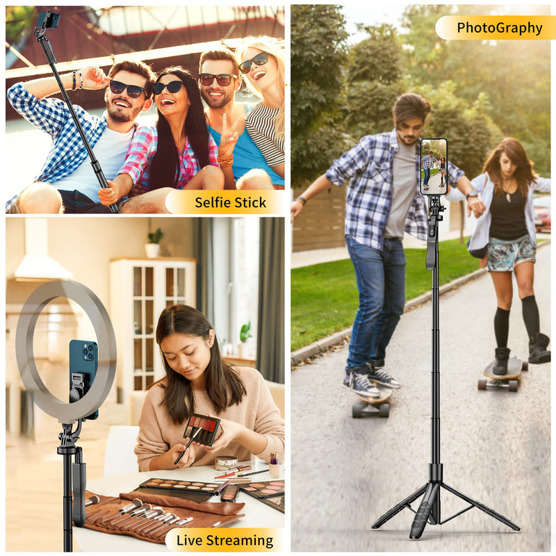  [AUSTRALIA] - 61" Selfie Stick Tripod, All in One Extendable Phone Tripod Stand with Wireless Remote 360° Rotation for iPhone and Android Phone Selfies, Video Recording, Vlogging, Live Streaming, Aluminum