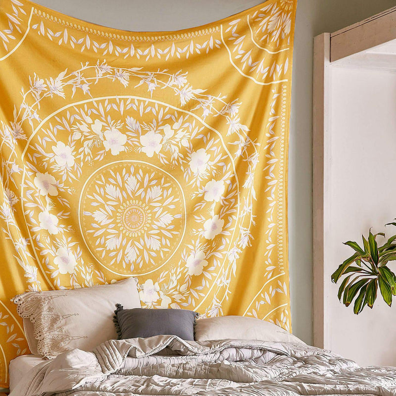  [AUSTRALIA] - Simpkeely Sketched Floral Medallion Tapestry, Trippy Mandala Wall Hanging Yellow Tapestries, Indian Boho Art Print Mural for Bedroom Living Room Dorm Home Décor 59.1 x 59.1 Inches (Yellow) Medium (59.1"x59.1")