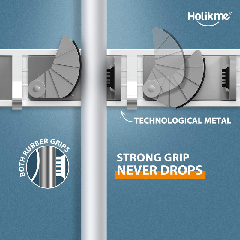  [AUSTRALIA] - Holikme Mop Broom Holder Wall Mount Metal Pantry Organization and Storage Garden Kitchen Tool Organizer Wall Hanger for Home Goods (4 Positions with 4 Hooks, Silver)