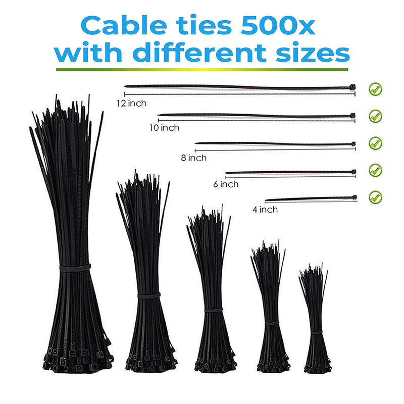  [AUSTRALIA] - 500x Black Zip Ties | Self-Locking Cable Ties | 4" / 6" / 8" / 10" /12" x 0.19" extra strength 6.6 Nylon Zip Ties | 100pcs each size 500x