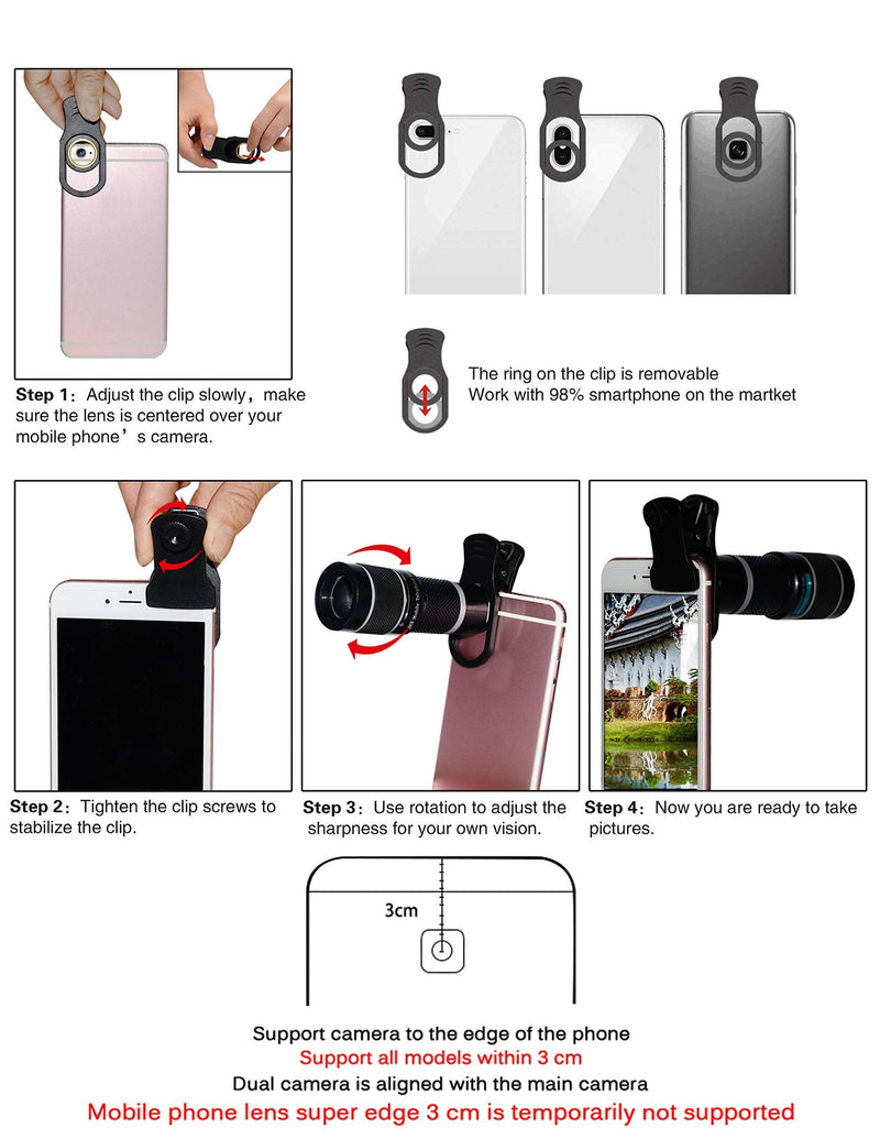  [AUSTRALIA] - Cell Phone Camera Lens Kit,11 in 1 Universal 20x Telephoto Lens,0.63Wide Angle+15X Macro+198°Fisheye+2X Telephoto+Kaleidoscope+CPL/Starlight/Eyemask/Tripod,for Most iPhone Smartphone (Black) black