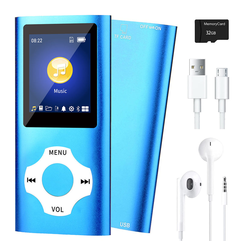  [AUSTRALIA] - MP3 Player with Bluetooth 5.0, Music Player with 32GB TF Card,FM Radio,Earphone, Portable HiFi Music Player with Voice Recorder/Video/Photo Viewer/E-Book Player for Kids,Running,Walking (Blue-White) Blue-White