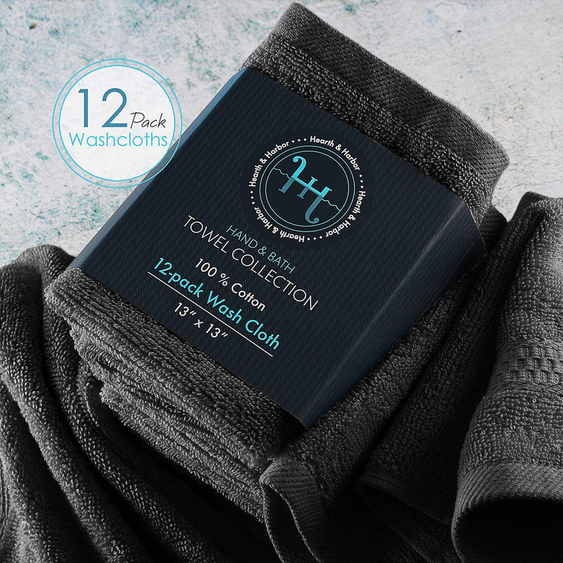  [AUSTRALIA] - Hearth & Harbor 500 GSM Hand & Bath Towel Collection – 100% Cotton Luxury Set of 12 Multipurpose Wash Cloths – 12-Pack of 13”x13” Ultra Soft & Highly Absorbent Washcloths for Face & Body - Black 12 washcloths