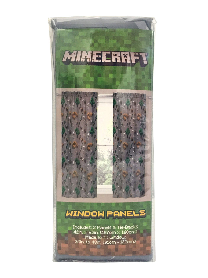  [AUSTRALIA] - Jay Franco Minecraft Survive Dark 63" inch Drapes 4 Piece Set - Beautiful Room Décor & Easy Set up - Window Curtains Include 2 Panels & 2 Tiebacks (Official Minecraft Product)