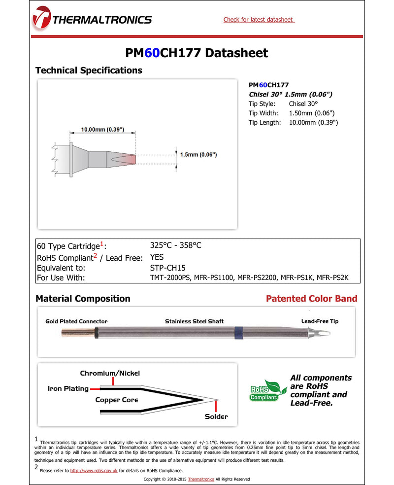  [AUSTRALIA] - Thermaltronics PM60CH177 Chisel 30deg 1.5mm (0.06in) interchangeable for Metcal STP-CH15