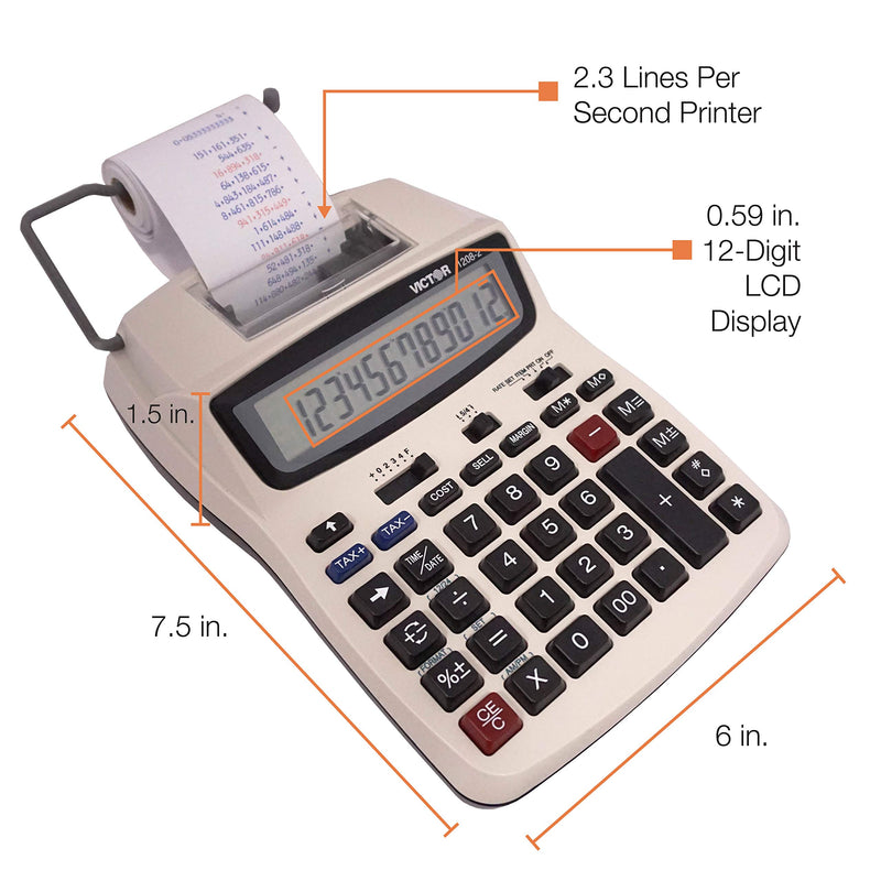  [AUSTRALIA] - Victor Printing Calculator, 1208-2 Compact and Reliable Adding Machine with 12 Digit LCD Display, Battery or AC Powered, Includes Adapter,White 1.5" x 6" x 7.5"