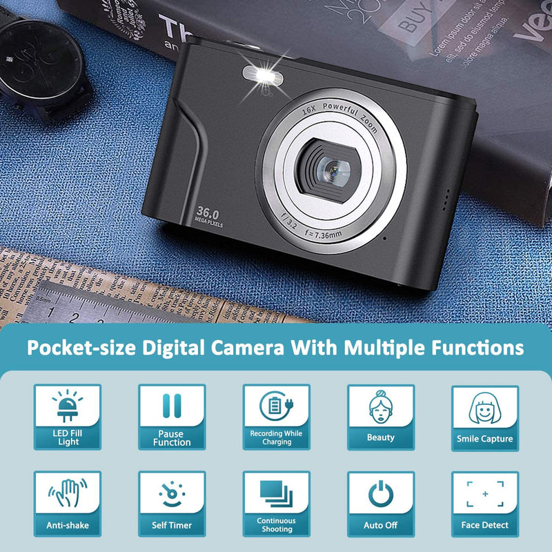  [AUSTRALIA] - Digital Camera FHD 1080P 36MP Vlogging Camera Rechargeable Camera for Kids with 16X Digital Zoom, LED Fill Light, LCD Screen, 2 Batteries, Compact Portable Pocket Camera for Teens Students (Black) Black
