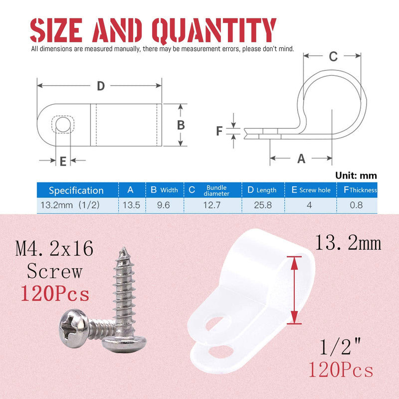  [AUSTRALIA] - Hilitchi 120Pcs Plastic Cable Clamp R Type Screw Mounting Cord Fastener Cable Clips with Screws for Wire Management Cable Conduit (1/2", White) 1/2"