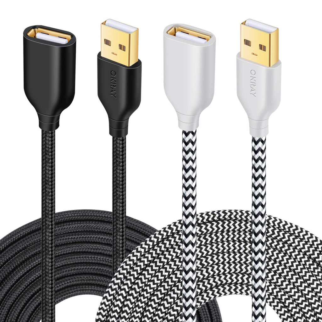  [AUSTRALIA] - USB Extension Cable, OKRAY 2 Pack 16.4 Ft/5M Type A Male to A Female Braided USB 2.0 Extension Cord Data Transfer Extender Cable with Gold-Plated Connector for USB Flash Drive/Printer (Black White) Black White
