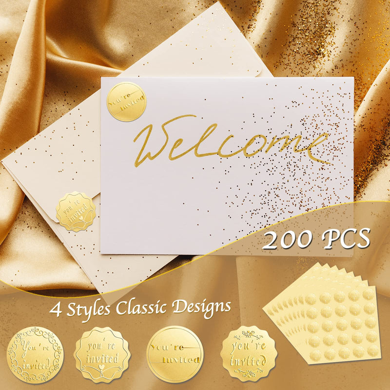  [AUSTRALIA] - 200PCS You're Invited Gold Round Embossed Foil Seals Stickers for Wedding Invitations Envelopes Present Decoration