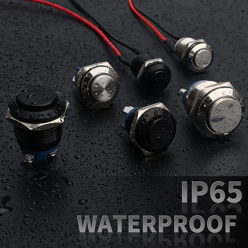  [AUSTRALIA] - Starelo 5pcs 12mm Momentary Push Button Switch Black Shell with pre-Wiring, IP65 Waterproof Push Button Switch,Stainless Steel 1 Normally Open Without LED. 12mm Black Shell