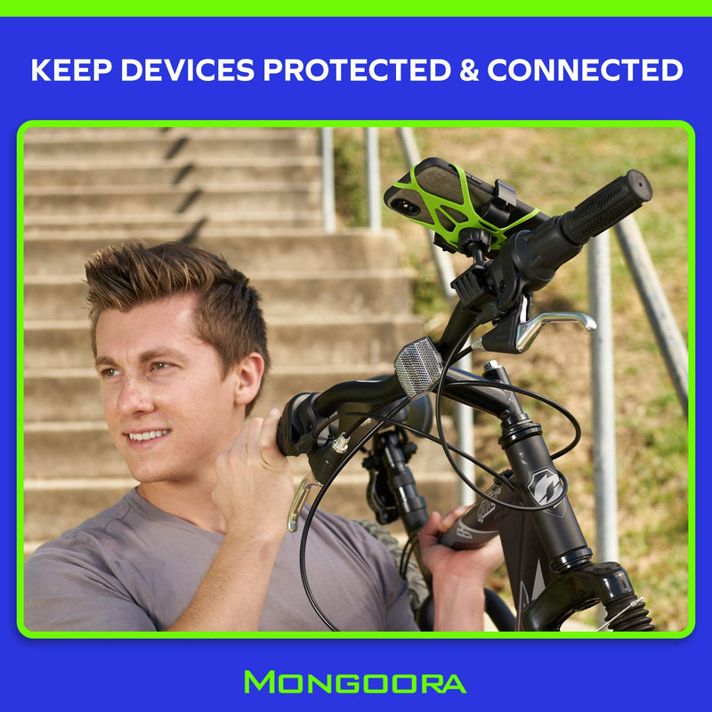  [AUSTRALIA] - Mongoora Bike & Motorcycle Phone Mount w/ 3 Bands (Black, Red, Green) Cell Phone Holder for Bicycle Handlebar Easy to Install Bike Accessories Fits iPhone 12 11 X 8 8 Plus, Galaxy S21 S20 S10