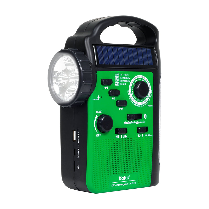 Kaito KA340 5-Way Powered Rechargeable LED Camping Lantern & Emergency AM/FM/SW NOAA Weather Alert Radio with Bluetooth, Flashlight, 5V USB Mobile Phone Charger, MP3 Player & Siren (Green) Green - LeoForward Australia