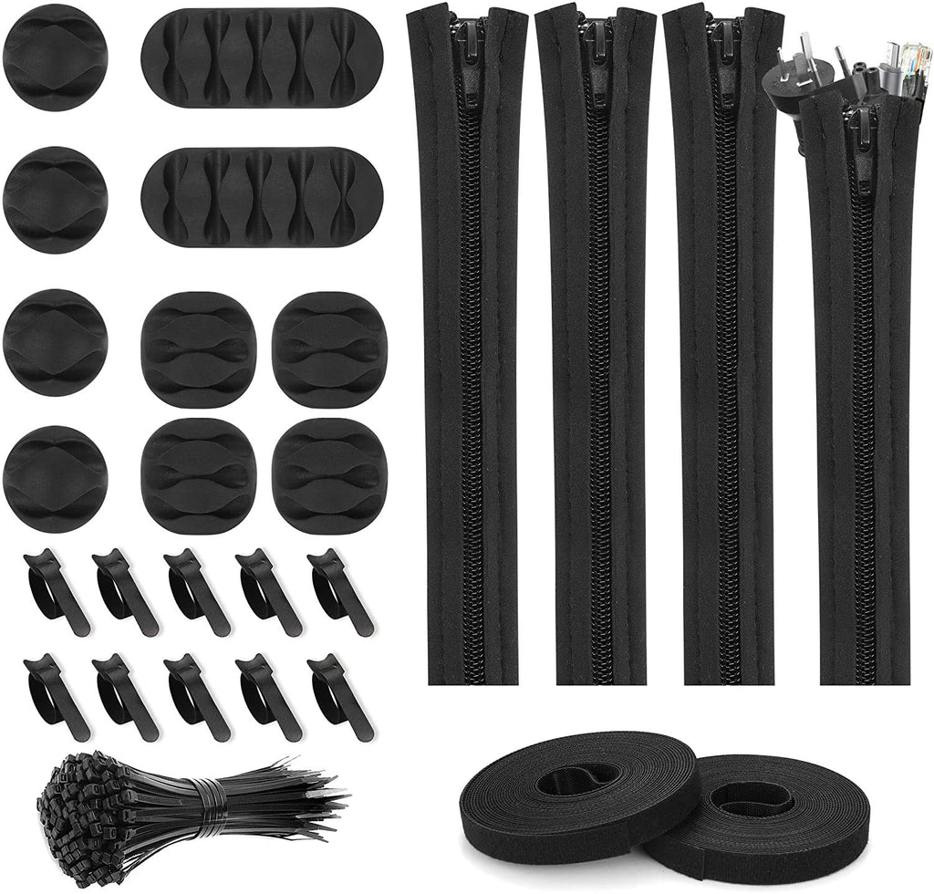  [AUSTRALIA] - 126Pcs Cable Management Organization Kit, 10 Cable Clip Holders, 4 Cable Sleeve with Zipper, 10 Self Adhesive Tie, 100* Zip Cable Ties, 2 Rolls Self Adhesive Tie, Cord Organizer for TV PC Home Office