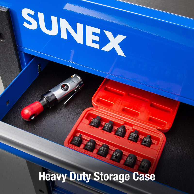 Sunex 3841, 3/8 Inch Drive Pipe Plug Socket Set, 11-Piece, SAE, 7/16" - 5/8", Cr-Mo Steel, Tapered Male Square Drive, Chamfered Female Square Drive, Heavy Duty Storage - LeoForward Australia