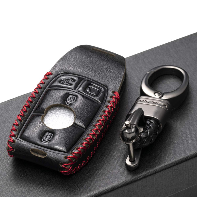Vitodeco Genuine Leather Smart Key Fob Case with Leather Key Strap for 2017-2021 Mercedes-Benz A, C, E, S, CLA, CLS, GLA, GLB, GLC, GLE, GLS, G Glass (4-Button, Black/Red) 4-Button - LeoForward Australia