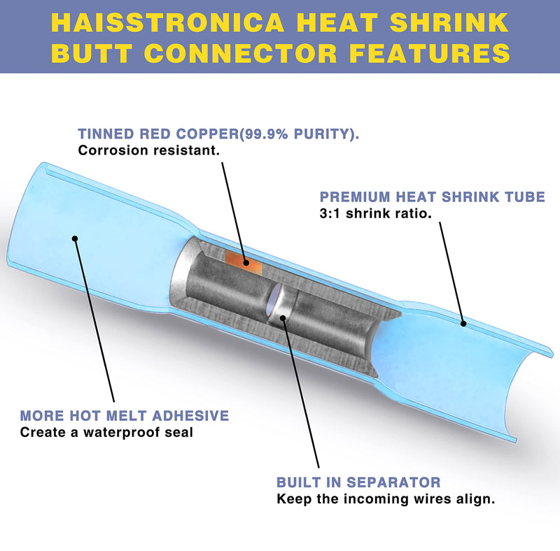  [AUSTRALIA] - haisstronica 200PCS 16-14 Awg Blue Heat Shrink Butt Connectors-Tinned Red Copper 0.8mm-Marine Grade Insulated Crimp Wire Connectors-Waterproof Electrical Connectors-Butt Splice for Marine,Boat,Stereo