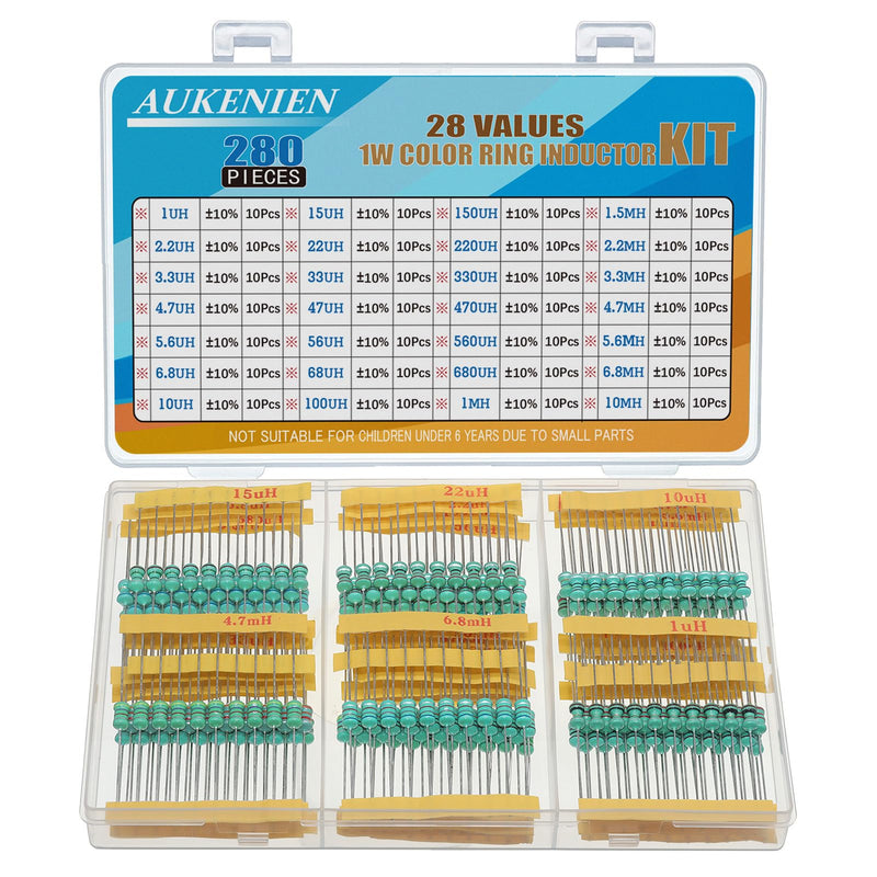  [AUSTRALIA] - AUKENIEN 1W color ring inductors 28 values inductor kit 1uH to 10mH 280 pieces 0510 DIP color code inductance 1 watt assortment