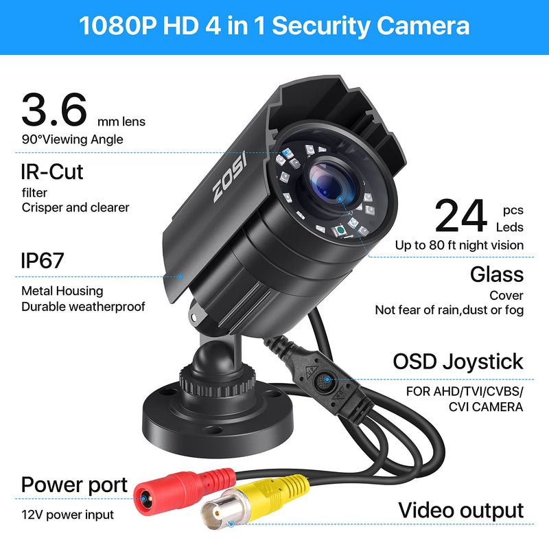  [AUSTRALIA] - ZOSI 2.0MP 1080P HD 1920TVL Security Camera Hybrid 4-in-1 TVI/CVI/AHD/960H CVBS CCTV Camera Outdoor Indoor,80ft IR Night Vision,Weatherproof Bullet Camera For analog Surveillance DVR(Black) Wired Camera