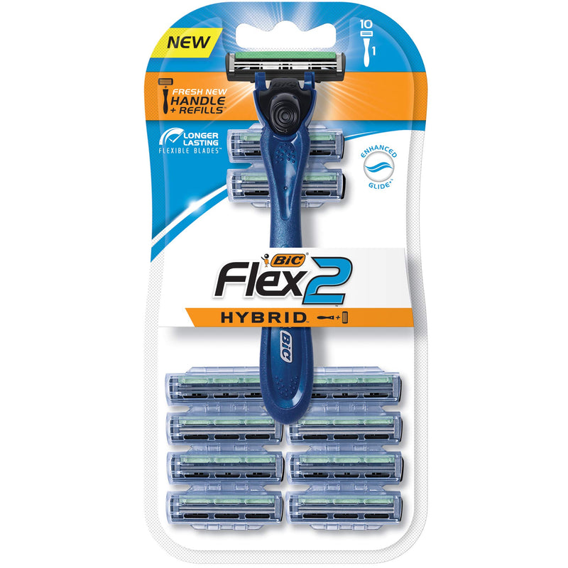 BIC Flex 2 Hybrid Men's Twin Blade Razor, One Handle 10 Cartridges, Set - LeoForward Australia