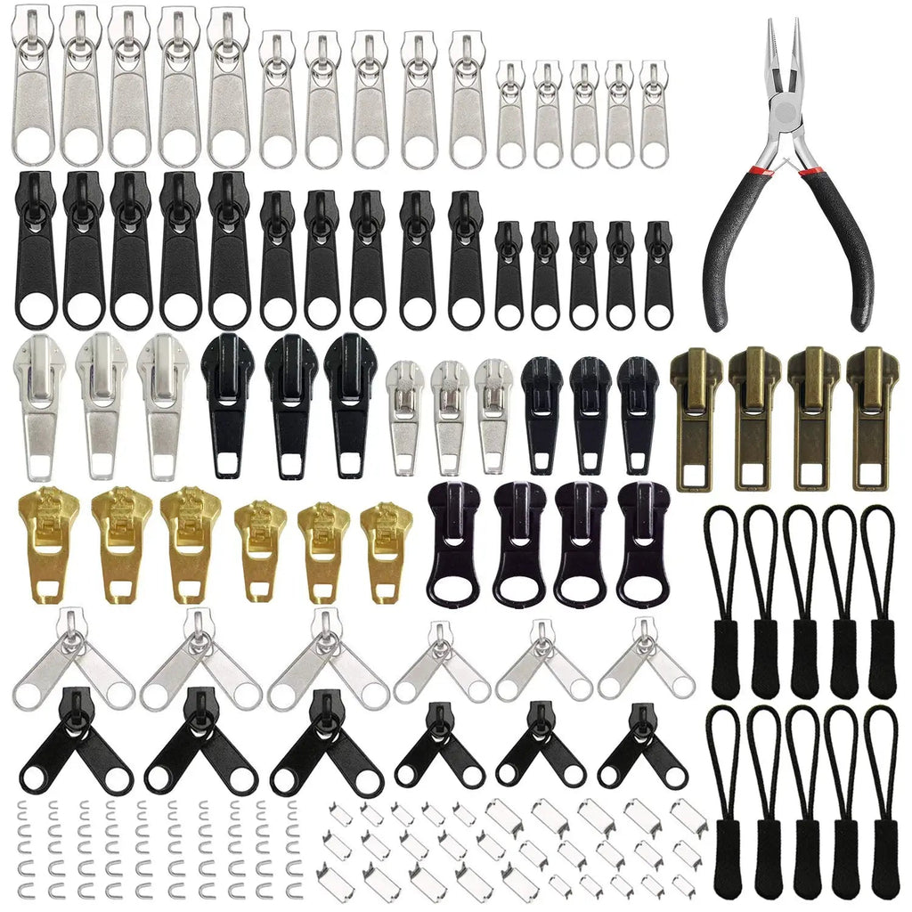  [AUSTRALIA] - EuTengHao 169Pcs Zipper Repair Kit Zipper Replacement Zipper Pull Rescue Kit with Zipper Install Pliers Tool and Zipper Extension Pulls for Clothing Jackets Purses Luggage Backpacks (Sliver and Black)