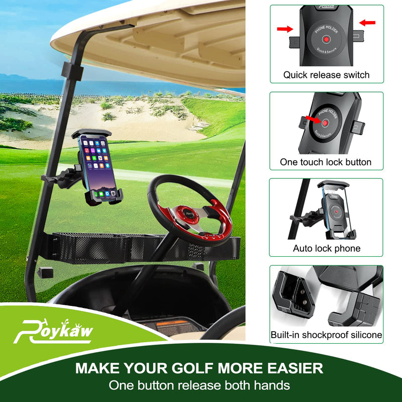  [AUSTRALIA] - Roykaw Golf Cart Phone Mount Holder for iPhone/Galaxy/Google Pixel/Motorola & GPS SkyCaddie SX400, SX500 - Fit for EZGO, Club Car, Yamaha, ICON, Advanced EV, Upgrade Quick Release & One-Touch Lock