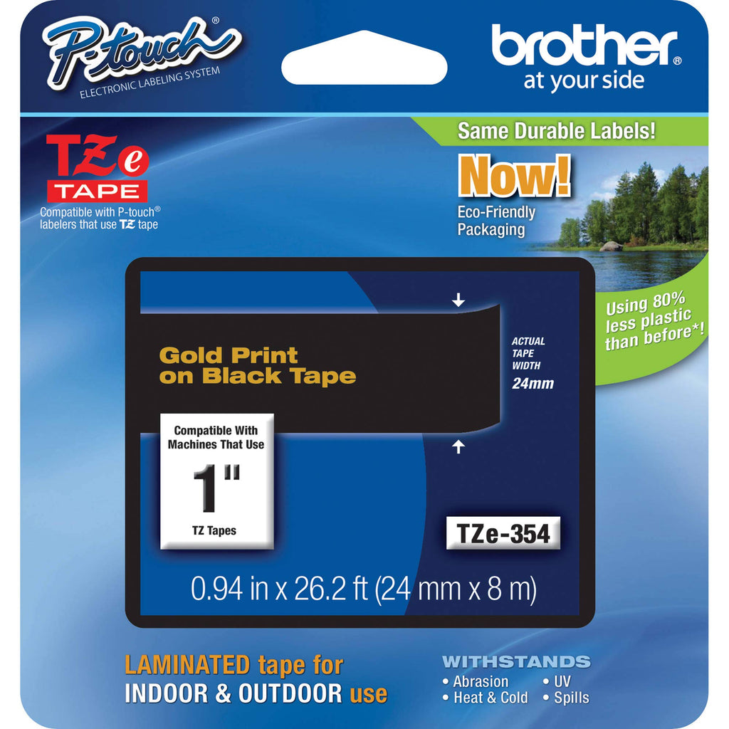  [AUSTRALIA] - Brother Genuine P-Touch TZE-354 Tape, 1" (0.94") Wide Standard Laminated Tape, Gold on Black, Laminated for Indoor or Outdoor Use, Water-Resistant, 0.94" x 26.2' (24mm x 8M), Single-Pack, TZE354