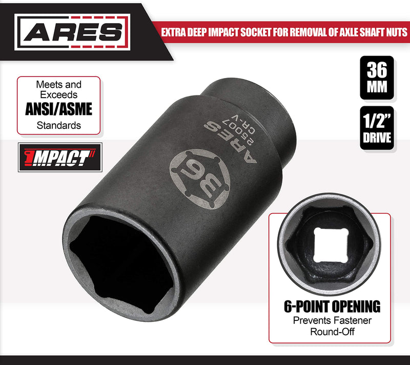  [AUSTRALIA] - ARES 25007-1/2-Inch Drive 6 Point Axle Nut Socket (36MM) - Extra Deep Impact Socket for Easy Removal of Axle Shaft Nuts 36MM