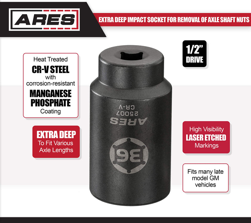  [AUSTRALIA] - ARES 25007-1/2-Inch Drive 6 Point Axle Nut Socket (36MM) - Extra Deep Impact Socket for Easy Removal of Axle Shaft Nuts 36MM