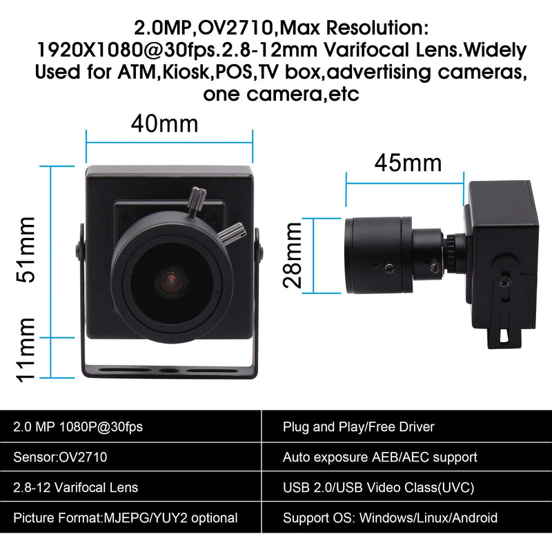  [AUSTRALIA] - 2.8-12mm Varifocal Lens USB Camera High fps Full HD 1080p Web Camera with CMOS OV2710 Image Sensor,640X480@100fps USB2.0 Webcam Manual Zoom&Focus USB with Camera UVC for Use in Linux Windows Android 2.8-12mm varifocal lens