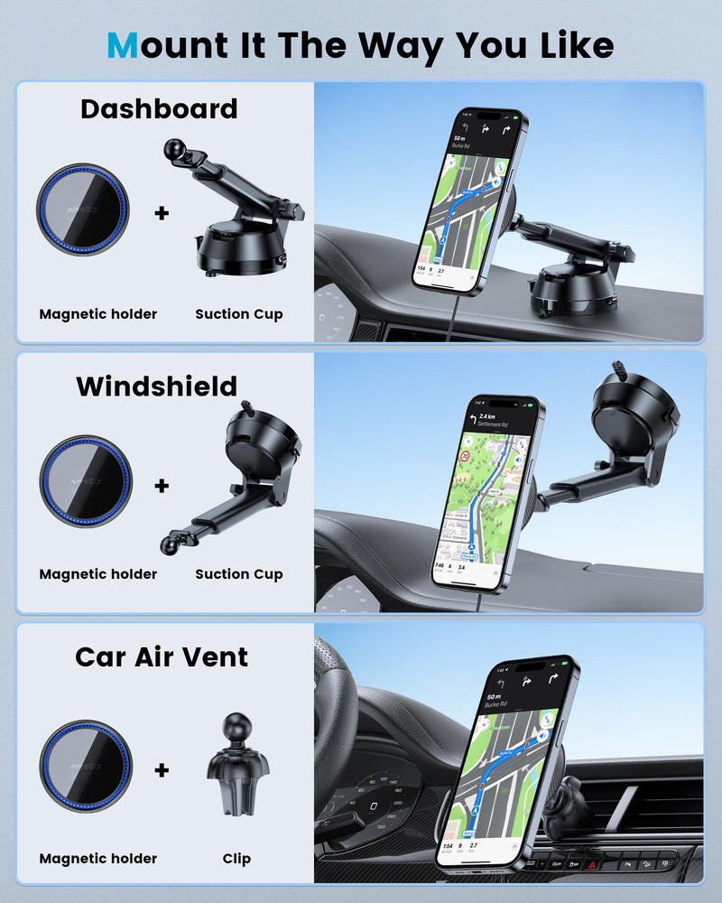  [AUSTRALIA] - APPS2Car for MagSafe Car Charger Mount, Magnetic Wireless Car Charger Dashboard Windshield Air Vent Car Phone Holder Mount Charger for iPhone 14/13/12 Series, Qi 15W Fast Charging, 17 Strong Magnets