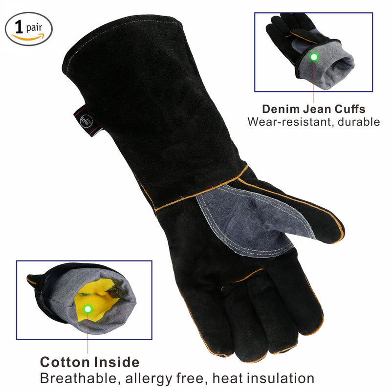  [AUSTRALIA] - KIM YUAN Extreme Heat & Fire Resistant Gloves Leather with Kevlar Stitching,Mitts Perfect for Fireplace, Stove, Oven, Grill, Welding, BBQ, Mig, Pot Holder, Animal Handling 14black