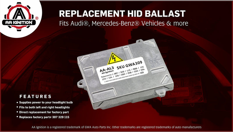 HID Xenon Headlight Ballast - Control Unit Module - Replaces 307 329 115, 8e0 907 391b, 1307 329 098 - Compatible with Audi, Benz, Cadillac & More - A4, S4, RS4, A3, DTS, MKX, 9-7x, C300, S63 - LeoForward Australia