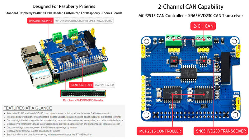  [AUSTRALIA] - 2-Channel Isolated CAN Bus Expansion HAT for Raspberry Pi 4B/3B+/3B/2B/B+/A+/Zero/Zero W, MCP2515 + SN65HVD230 Dual Chips Solution Allow 2-CH CAN Communication Onboard Multi Protection Circuits