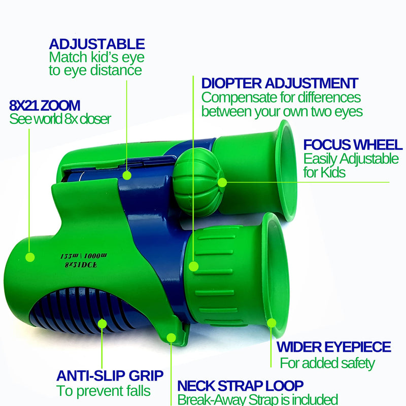  [AUSTRALIA] - Binoculars for Kids 8x21 High-Resolution - Kids Binoculars Gift Set for Boys & Girls, Shockproof & Compact for Bird Watching, Travel, Hiking, Camping, Hunting, Children Outdoor Gear Green/Blue