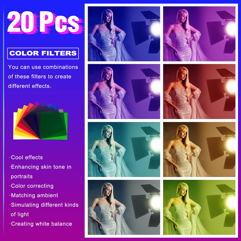  [AUSTRALIA] - 20 Pack Color Correction Gel Light Filter - 10x10 Inches Color Gel Filter for Lighting Effect, 20 Assorted Colors, Transparent Color Lighting Filter Sheet Filter Sheet Gels