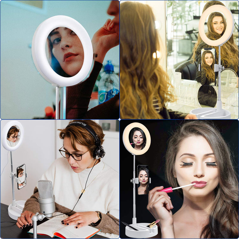  [AUSTRALIA] - 6” Selfie Ring Light Stand,Livelit Desk Foldable Ring Light Built-in Mirror for Makeup YouTube Video Live Streaming Photography Compatible with iPhone&Android (White)