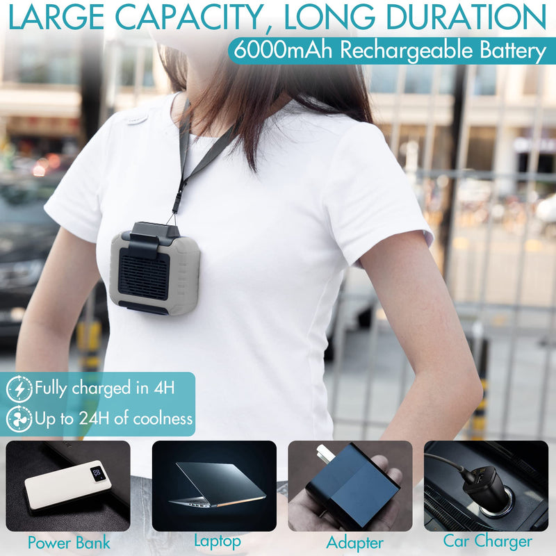  [AUSTRALIA] - Portable Waist Clip Fan, 6000mAh Rechargeable Battery Powered USB Input & Output Ports Included, Max.24H Working, 3 Speeds, Hand Free Waist Fan with Lanyard & Belt for Hiking Fishing Jobsite Gray