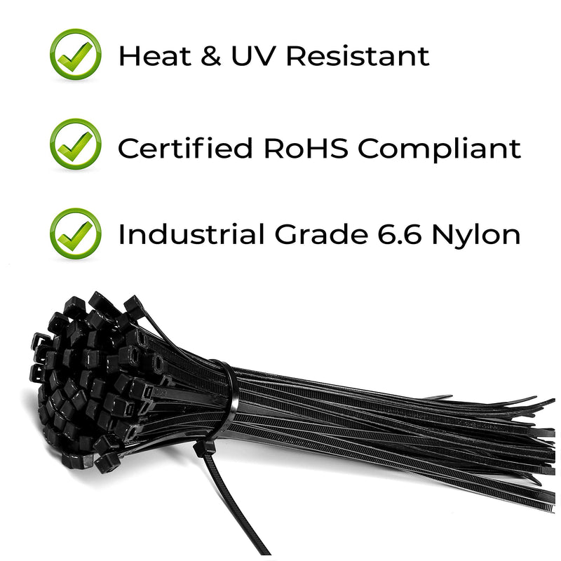  [AUSTRALIA] - 500x Black Zip Ties | Self-Locking Cable Ties | 4" / 6" / 8" / 10" /12" x 0.19" extra strength 6.6 Nylon Zip Ties | 100pcs each size 500x