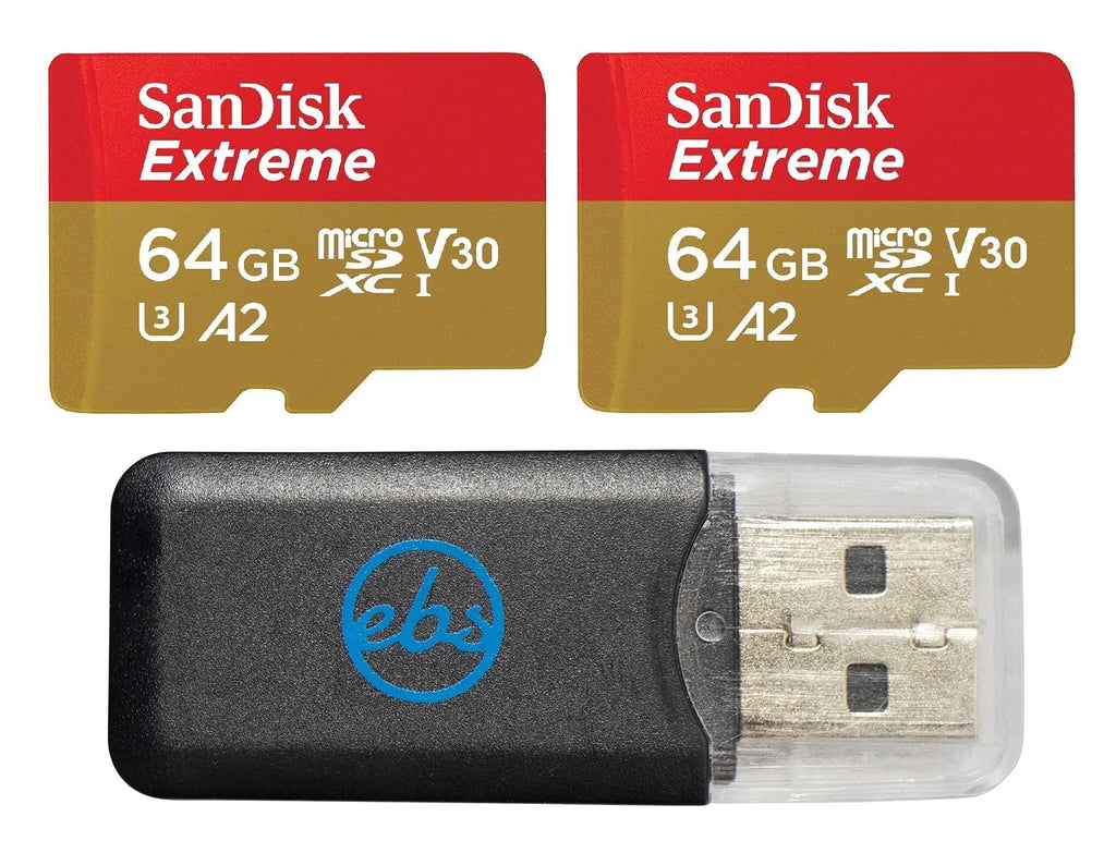  [AUSTRALIA] - SanDisk Extreme (UHS-1 U3 / V30) A2 64GB MicroSD (2 Pack) Memory Card for GoPro Hero 10 Black Action Cam Hero10 SDXC (SDSQXA2-064G-GN6MN) Bundle with (1) Everything But Stromboli Micro SD Card Reader