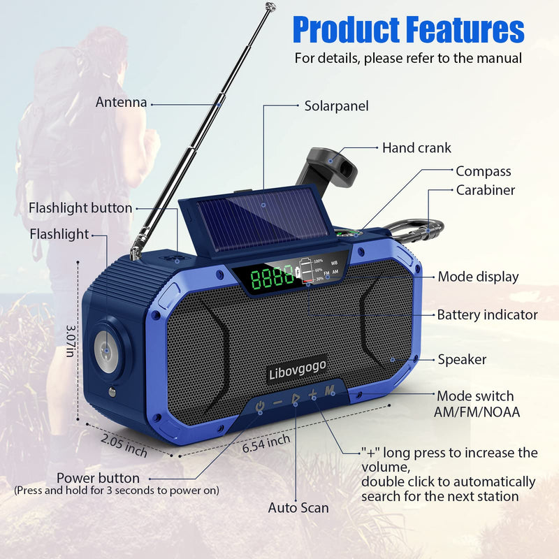  [AUSTRALIA] - Emergency Radio Waterproof Camping Radio,Portable Digital AM FM Radio with Flashlight,Reading Lamp,Hand Crank WB NOAA Weather Radio with Solar Panel,5000mAH Cell Phone Charger,Outdoor Survival Gadget